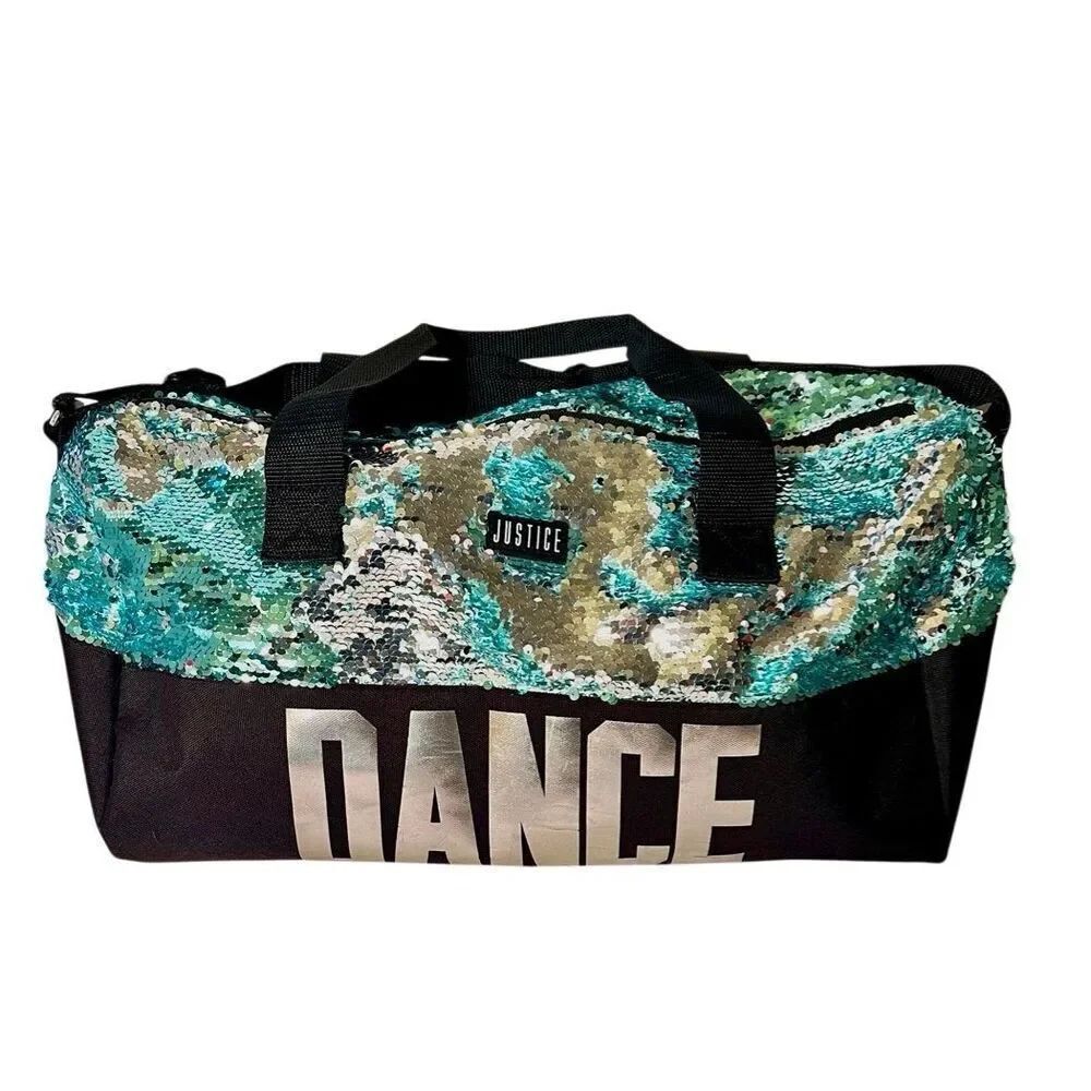 Justice Sequin Shimmer Girls Dance Duffel Bag Shoulder Strap Silver Aqua Black